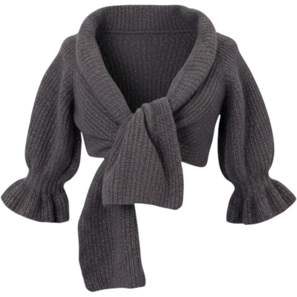 Vintage Arden B Gray Metallic Lambswool Angora Cropped Tie Front Shrug Cardigan